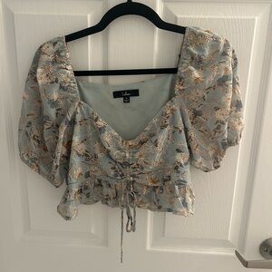 Lulu's Blue Floral Puff Sleeve Blouse